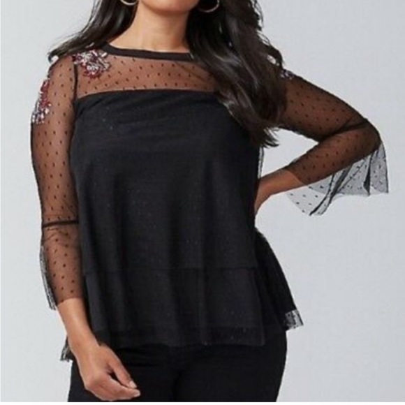 Lane Bryant Mesh Embroidered Black Blouse Sz 26/28 - Picture 6 of 16
